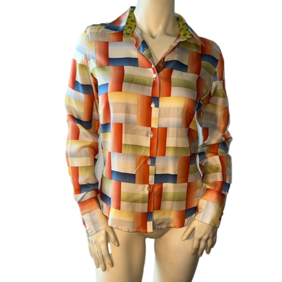 Robert Graham Tops - Robert Graham Silk Peach/Blue/Green Square Button Down Blouse. Size 4.